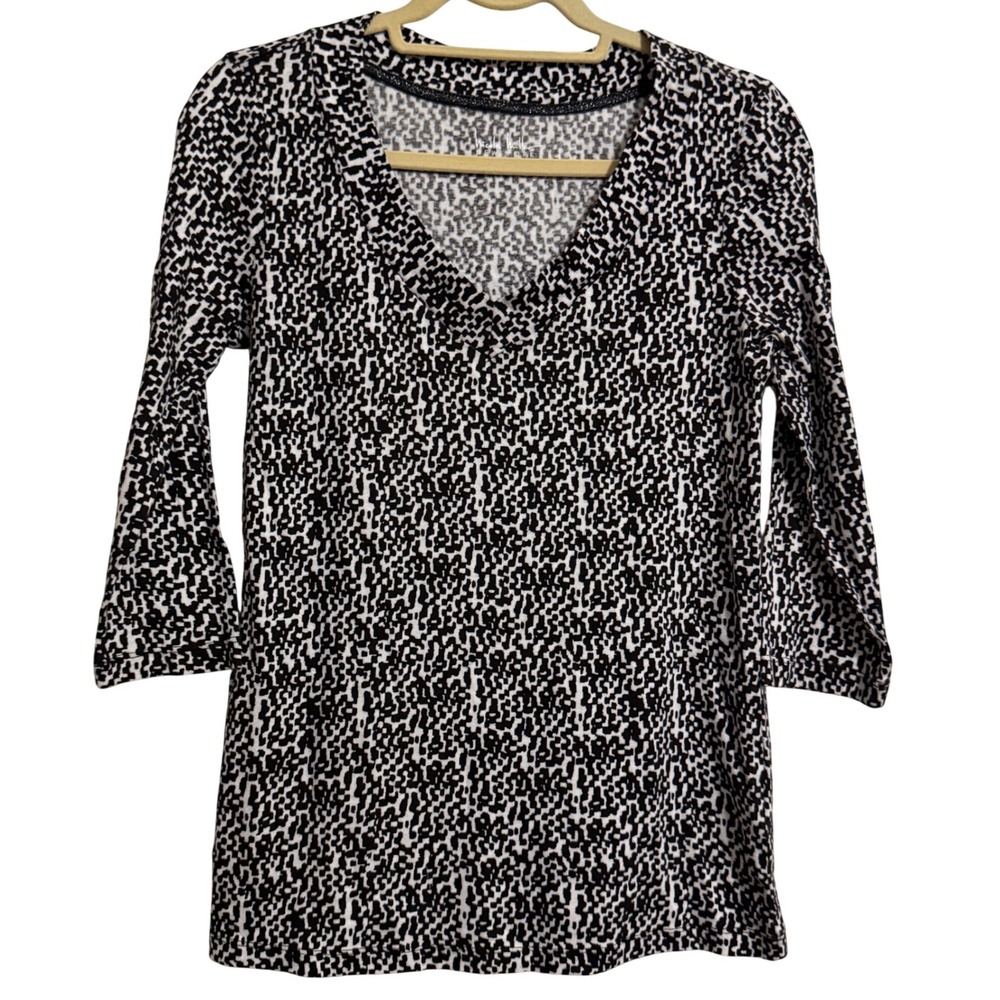 Nicole‎ Miller New York Womens Black White Souk Print V-Neck 3/4 Sleeve Top L